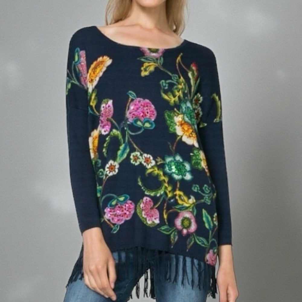Disigual | Artsy Chic Floral Sequin Tassel Trim Top Navy Blue Size Small (Flaw)